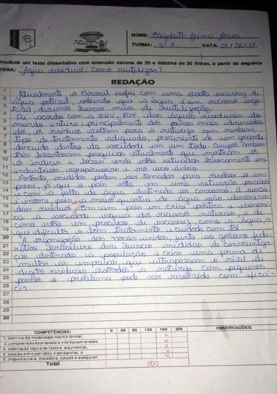 Foto de Redação Escolar sobre o tema Água Residual, escrito em letra de forma, em uma folha branca