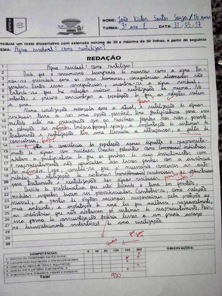 Foto de Redação Escolar sobre o tema Água Residual, escrito em letra de forma, em uma folha branca